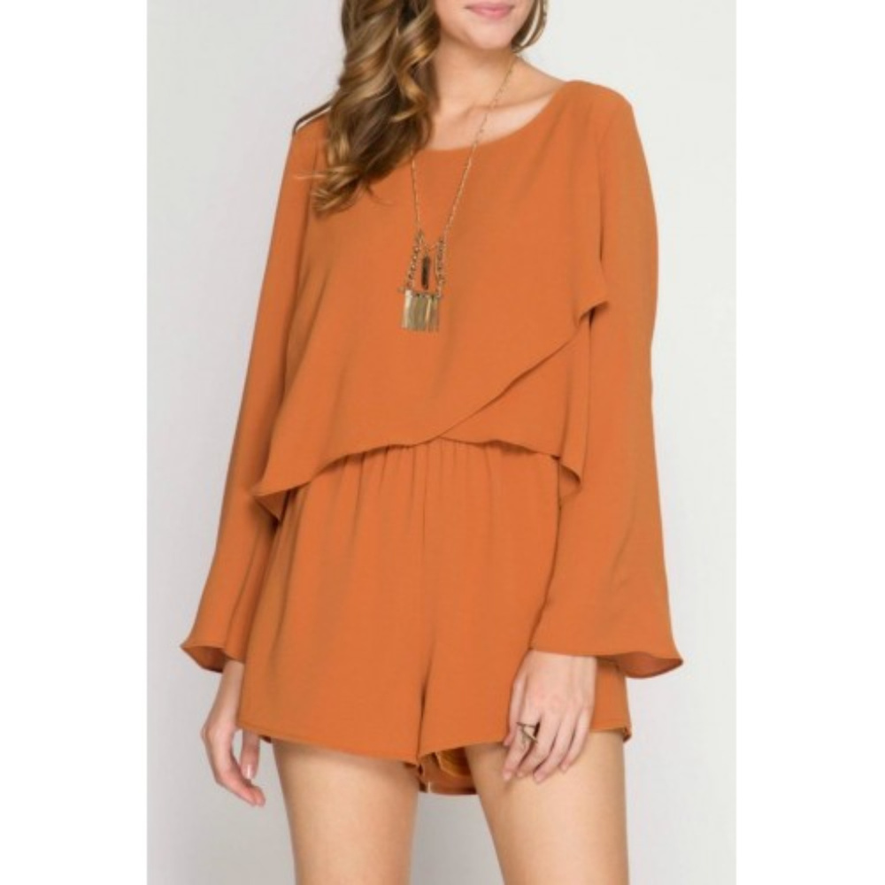 SHE + SKY Bell Flare Sleeves Burnt Orange Romper - Picture 9 of 10